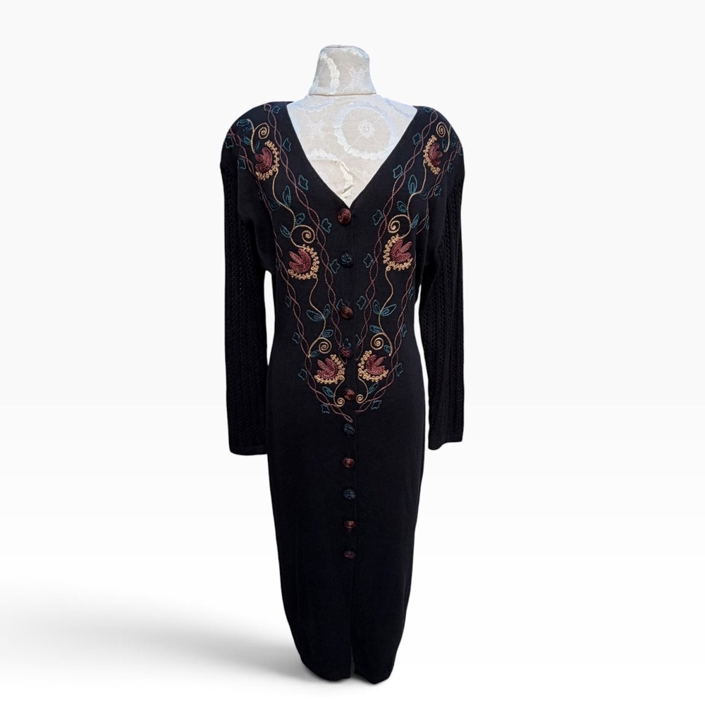 Vintage Carole Little Maxi Sweater Dress Womens Size L Black Floral Acrylic Wool